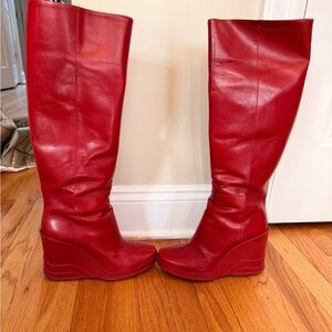 Prada Red Knee-High Leather Wedge Boots – IT 38 / US 7.5–8